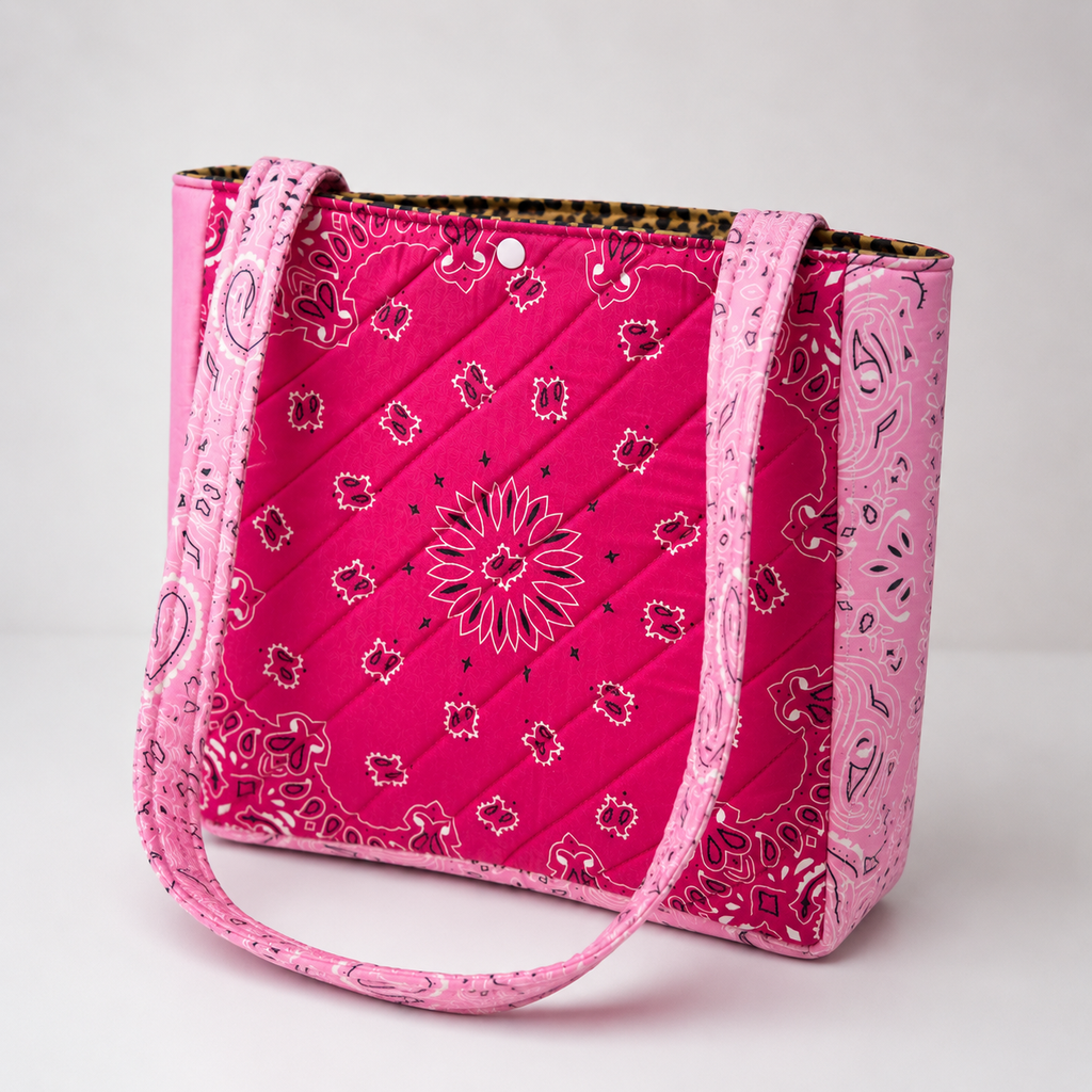 Pink handmade bandana tote bag showing 3 inch side depth and structured shape.