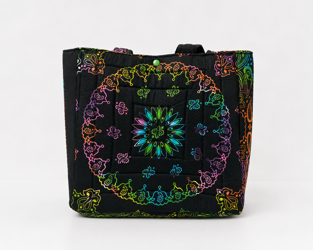 Neon Nights Bandana Tote Bag – Quilted Handmade Tote with Leopard Print Lining