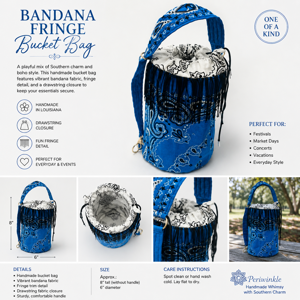 Bandana Fringe Bucket Bag – Blue Boho Festival Purse with Fringe