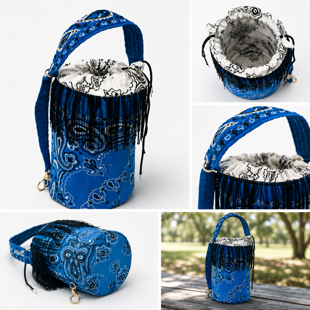Bandana Fringe Bucket Bag – Blue Boho Festival Purse with Fringe