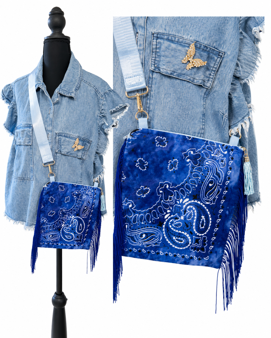 Bon Temps Fringe Crossbody Bag – Royal Blue Paisley