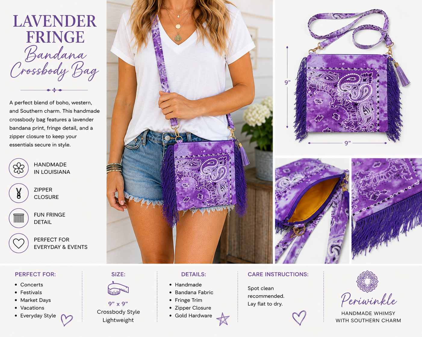 Lavender Fringe Bandana Crossbody Bag – Handmade Boho Western Purse with Tassel Detail