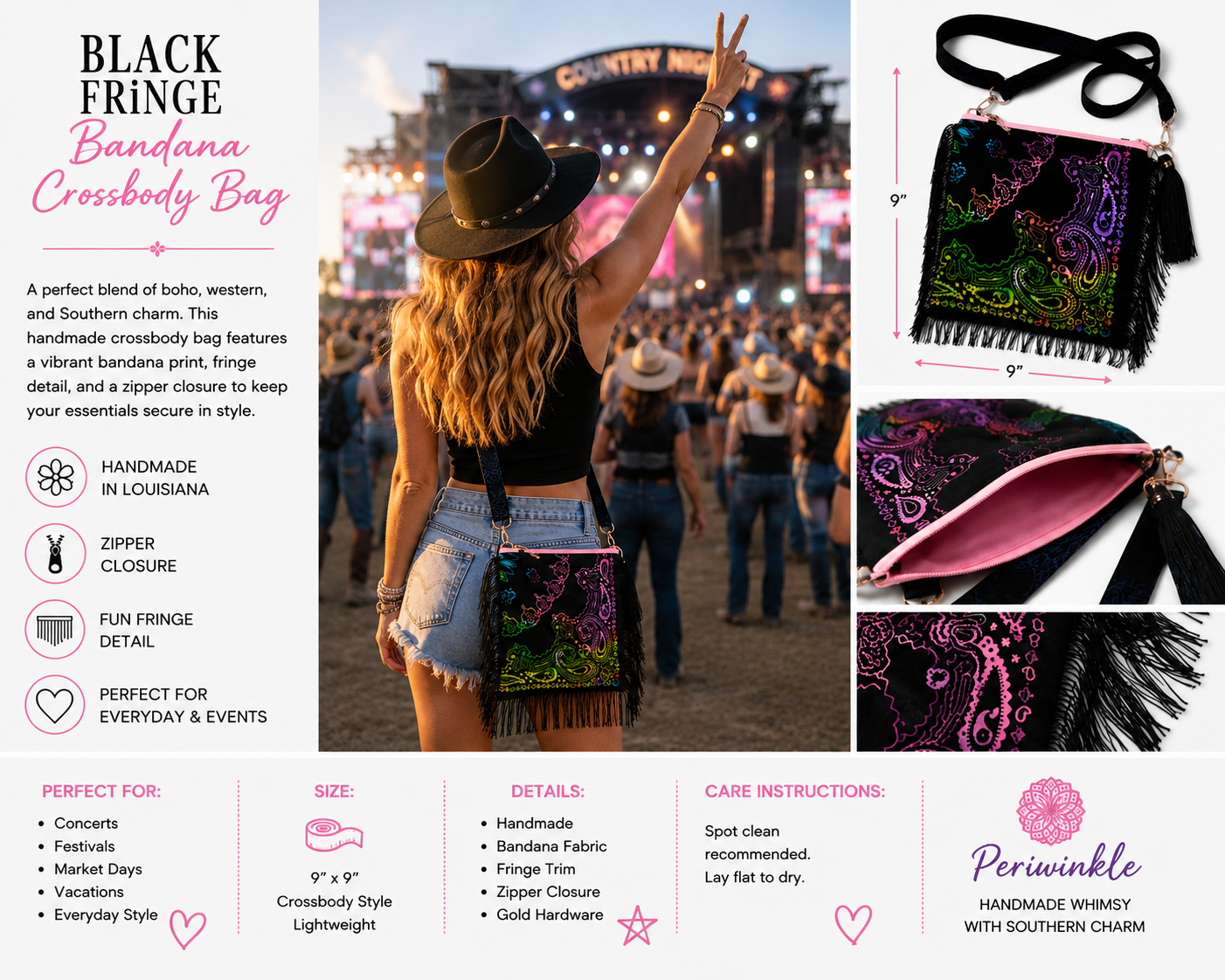 Black Rainbow Fringe Bandana Crossbody Bag