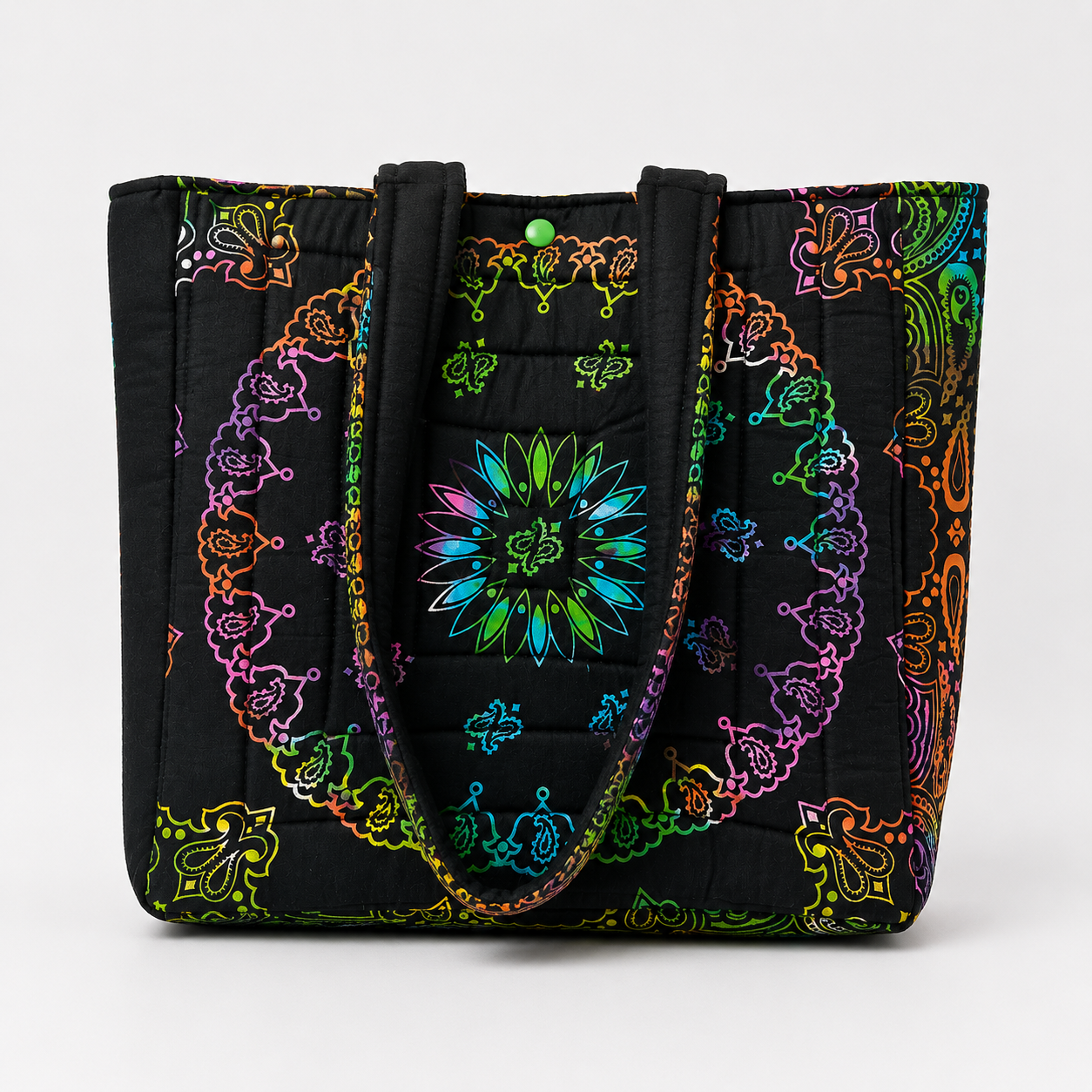 Neon Nights Bandana Tote Bag – Quilted Handmade Tote with Leopard Print Lining