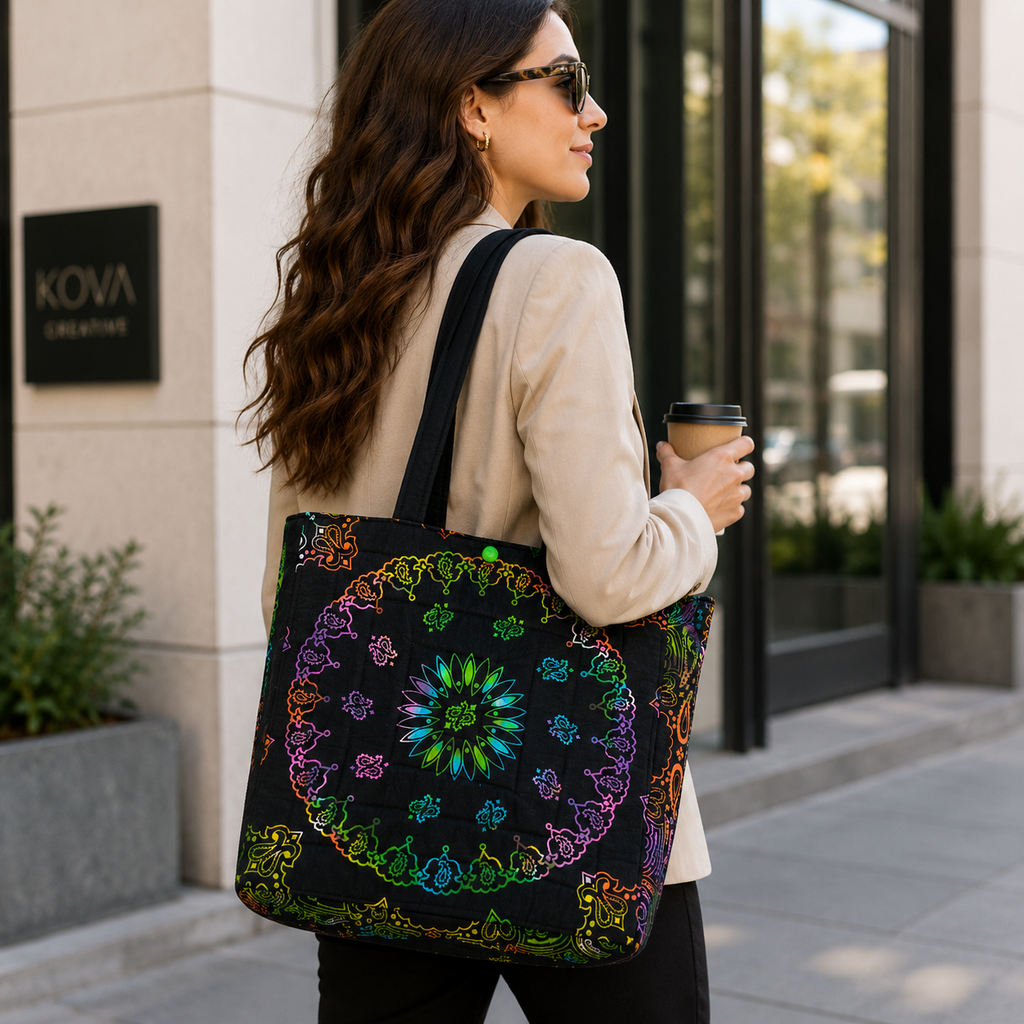 Neon Nights Bandana Tote Bag – Quilted Handmade Tote with Leopard Print Lining
