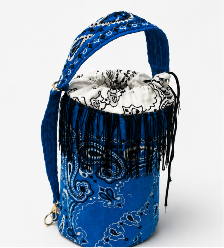 Bandana Fringe Bucket Bag – Blue Boho Festival Purse with Fringe